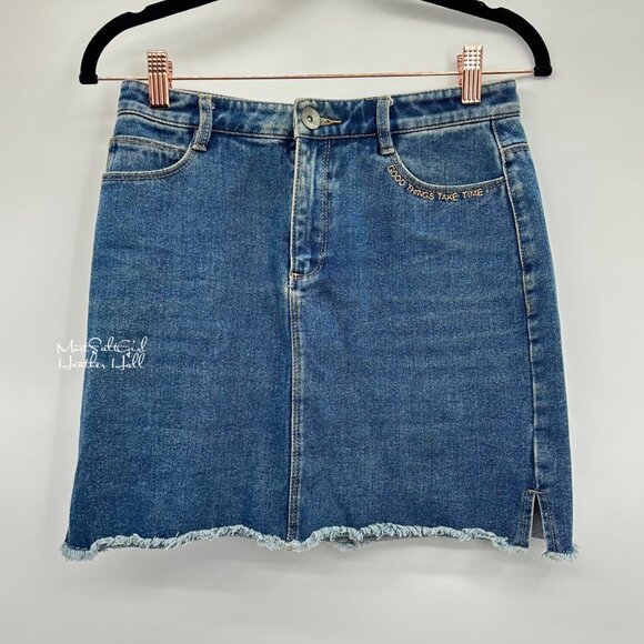 OChirly Denim Mini Skirt with Embroidered "Good Things Take Time" Size Small - Picture 1 of 3